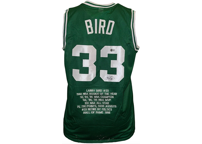 Larry Bird Autographed Custom Green Boston Stat Basketball Jersey Beckett