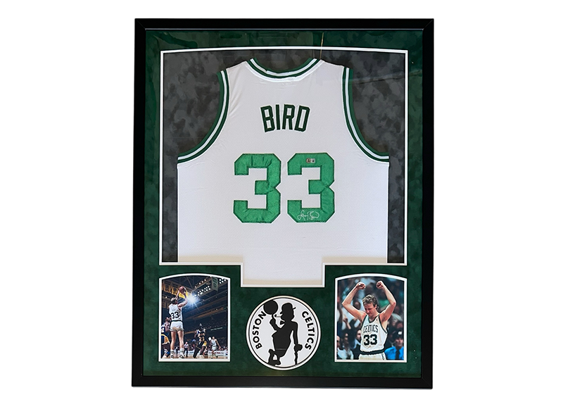 Larry Bird Signed Boston Celtics Framed 35x42 Jersey Beckett