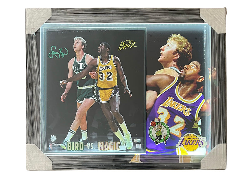 Larry Bird & Magic Johnson Signed Celtics-Lakers 3D LED Lights Frame Beckett 31.5x 25.5