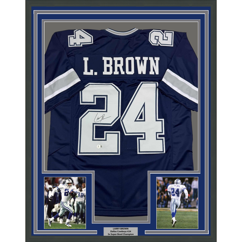 Framed Autographed/Signed Larry Brown 35x39 Dallas Blue Football Jersey Beckett BAS COA