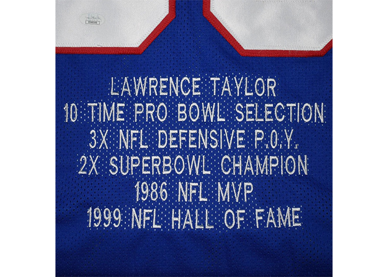 Lawrence Taylor Signed New York Blue Stat Football Jersey Beckett