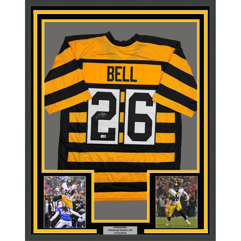 Framed Autographed/Signed Le'Veon LeVeon Bell 35x39 Pittsburgh Bumble Bee Jersey JSA COA