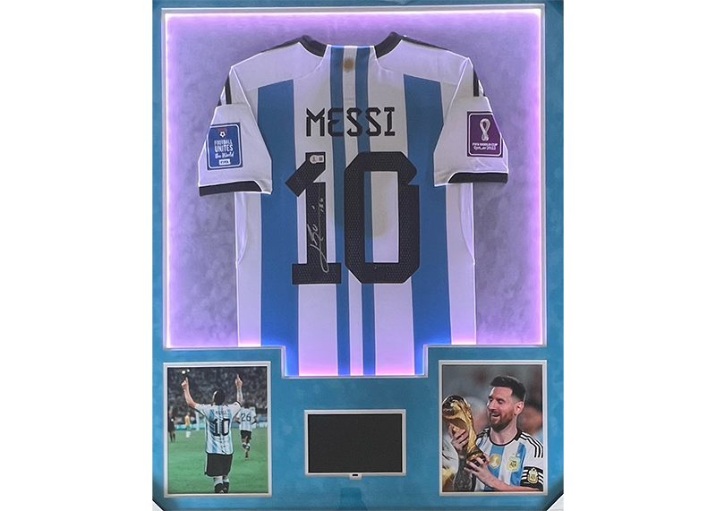 Lionel Messi Signed 34x42 Lighted Framed Argentina Jersey With Playable Video TV Beckett