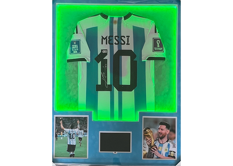 Lionel Messi Signed 34x42 Lighted Framed Argentina Jersey With Playable Video TV Beckett