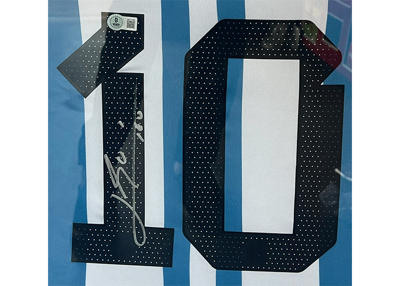 Lionel Messi Signed 34x42 Lighted Framed Argentina Jersey With Playable Video TV Beckett