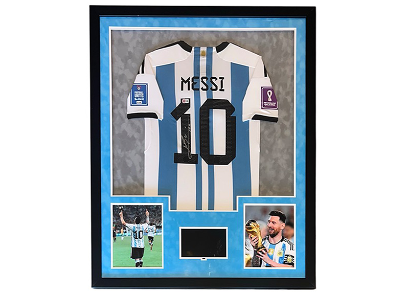 Lionel Messi Signed 34x42 Lighted Framed Argentina Jersey With Playable Video TV Beckett