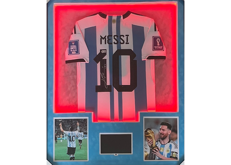 Lionel Messi Signed 34x42 Lighted Framed Argentina Jersey With Playable Video TV Beckett