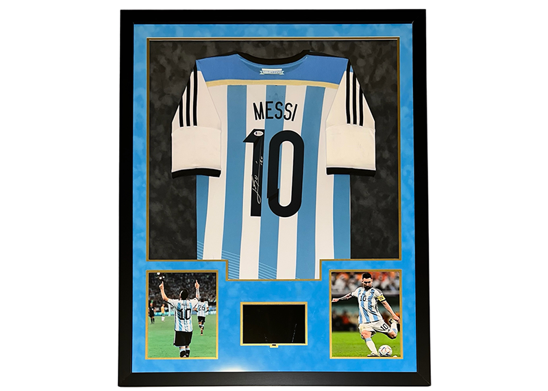 Lionel Messi Signed 34x42 Lighted Framed Argentina Jersey With Playable Video TV Beckett