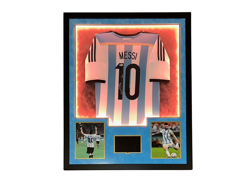 Lionel Messi Signed 34x42 Lighted Framed Argentina Jersey With Playable Video TV Beckett