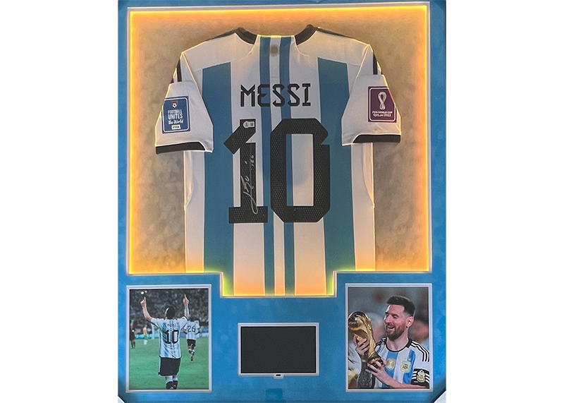 Lionel Messi Signed 34x42 Lighted Framed Argentina Jersey With Playable Video TV Beckett
