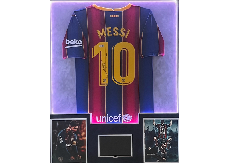 Lionel Messi Signed 34x42 Lighted Framed FC Barcelona Jersey With Playable Video TV Beckett