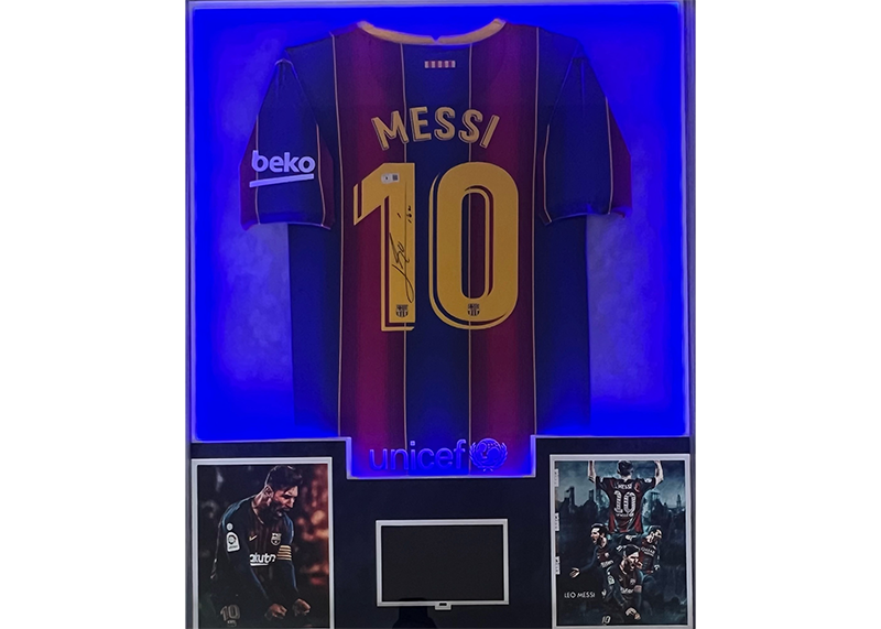 Lionel Messi Signed 34x42 Lighted Framed FC Barcelona Jersey With Playable Video TV Beckett