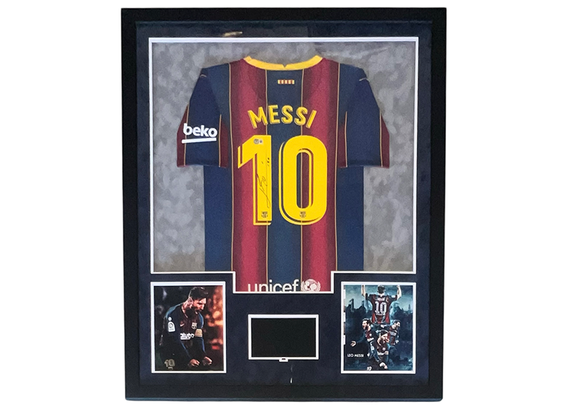 Lionel Messi Signed 34x42 Lighted Framed FC Barcelona Jersey With Playable Video TV Beckett