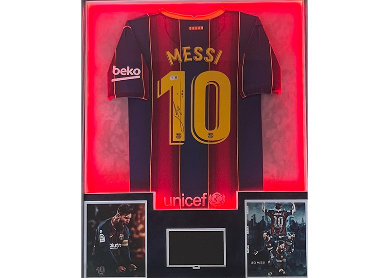Lionel Messi Signed 34x42 Lighted Framed FC Barcelona Jersey With Playable Video TV Beckett