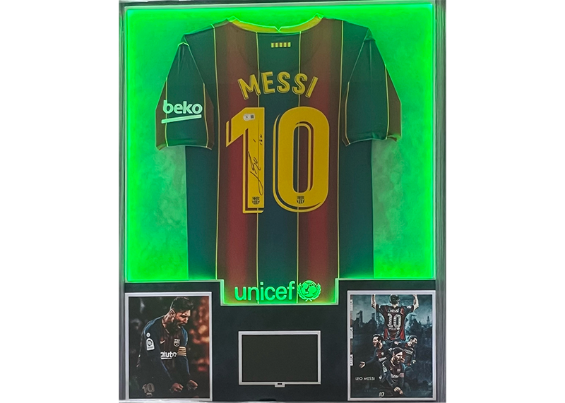 Lionel Messi Signed 34x42 Lighted Framed FC Barcelona Jersey With Playable Video TV Beckett