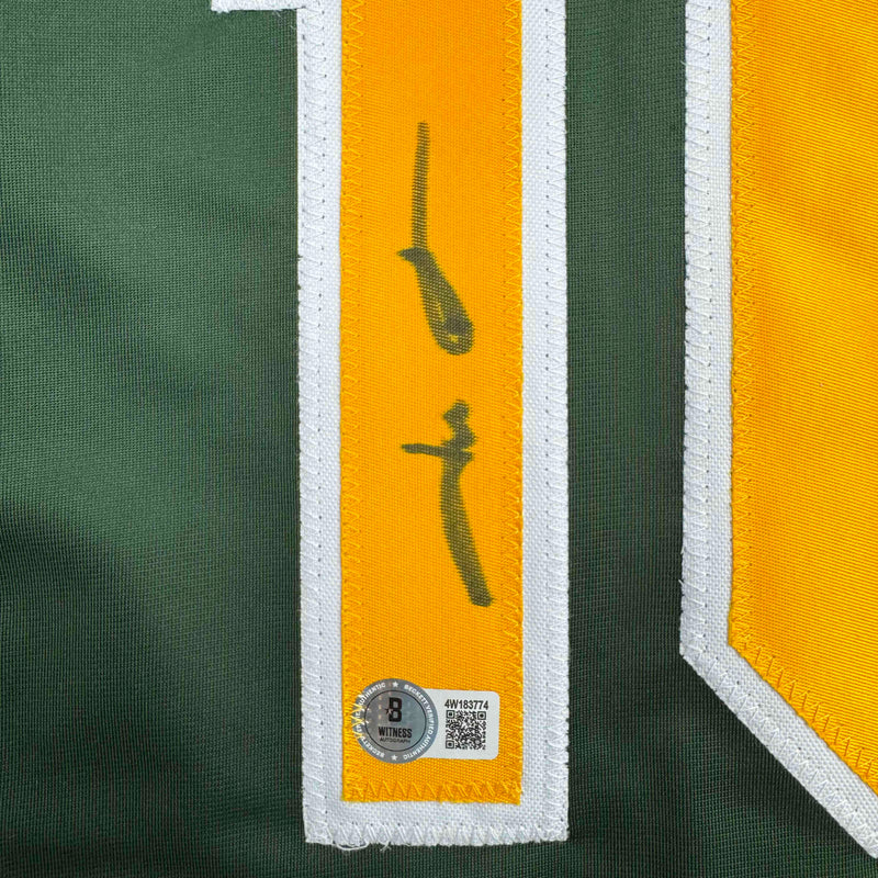 Autographed/Signed Jason Giambi Oakland Green Baseball Jersey Beckett BAS COA