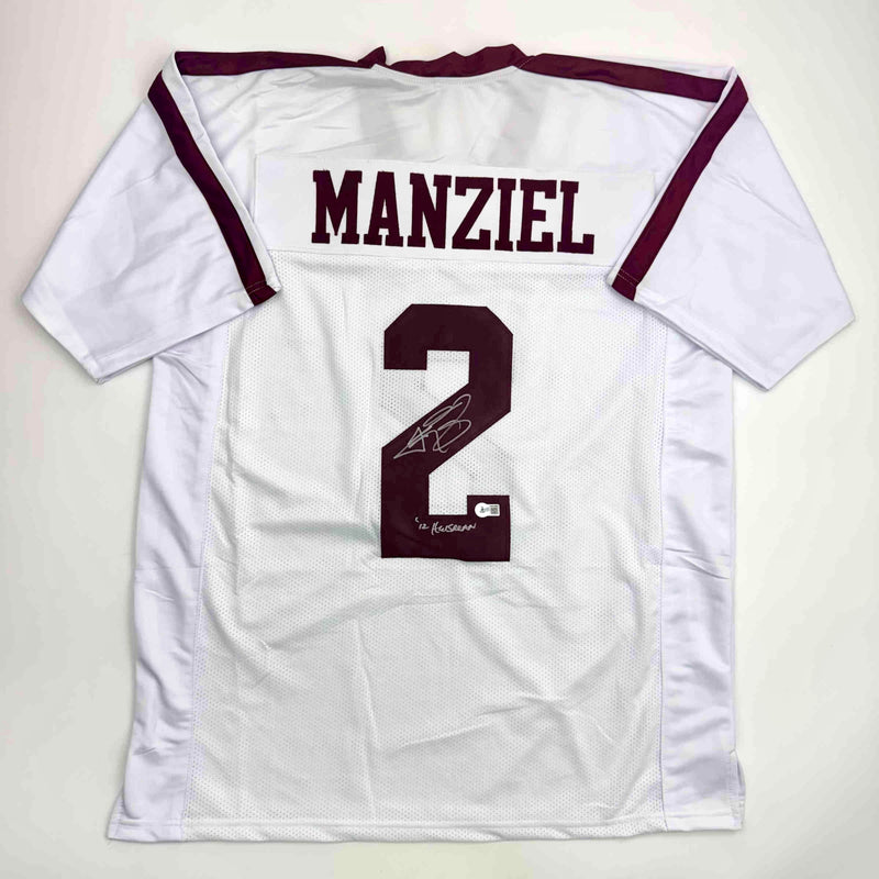 Autographed/Signed Johnny Manziel 12 Heisman Texas A&M White College Football Jersey JSA COA