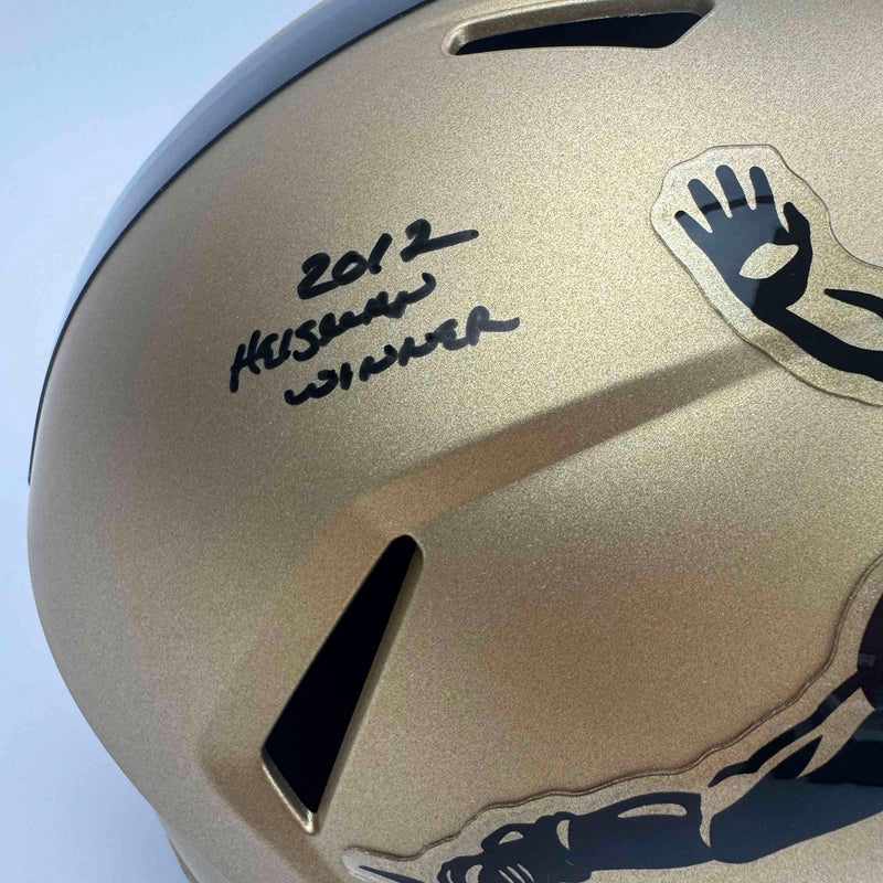 Autographed/Signed Johnny Manziel "2012 Heisman Winner" Texas A&M Gold Full Size FS F/S Replica College Football Helmet Beckett BAS COA