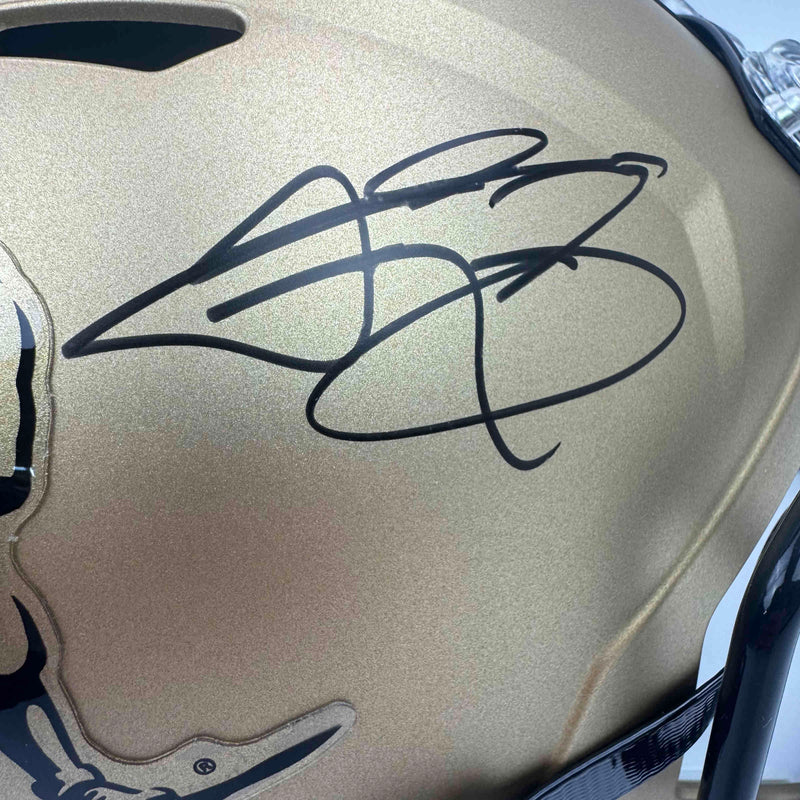 Autographed/Signed Johnny Manziel "2012 Heisman Winner" Texas A&M Gold Full Size FS F/S Replica College Football Helmet Beckett BAS COA