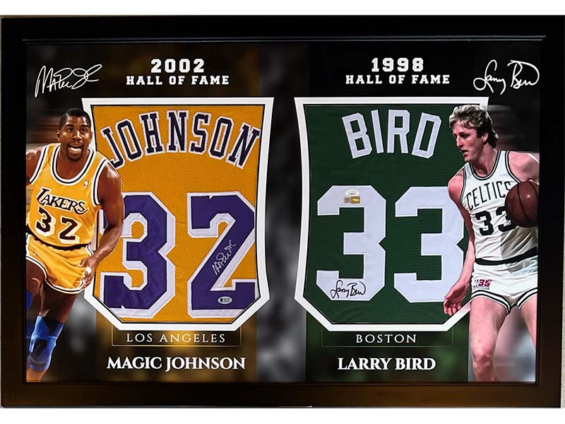Magic Johnson & Larry Bird Signed 40x27 Duel Framed Jerseys JSA and Beckett Authenticated