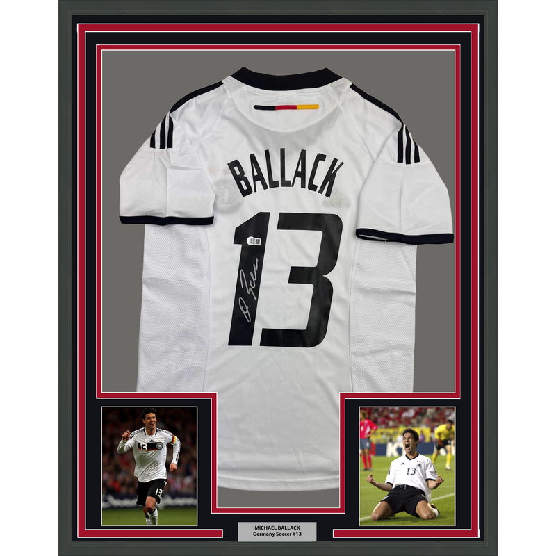 Framed Autographed/Signed Michael Ballack 35x39 Germany White Soccer World Cup Jersey Beckett BAS COA