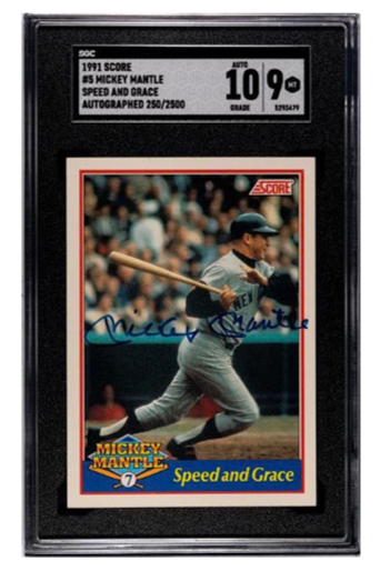 Autographed baseball card of Mickey Mantle in a display case with grading information.