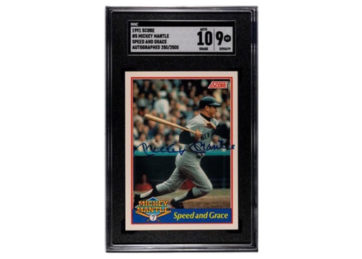 Baseball trading card of Mickey Mantle with a black frame and white background
