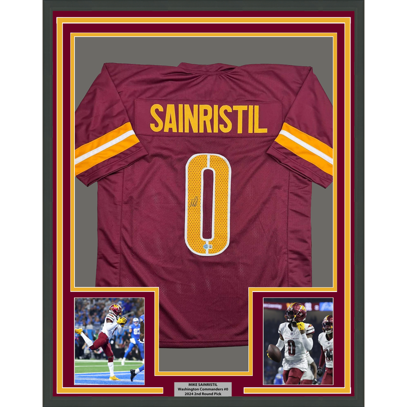 Framed Autographed/Signed Mike Sainristil 35x39 Washington Burgundy Football Jersey Beckett BAS COA
