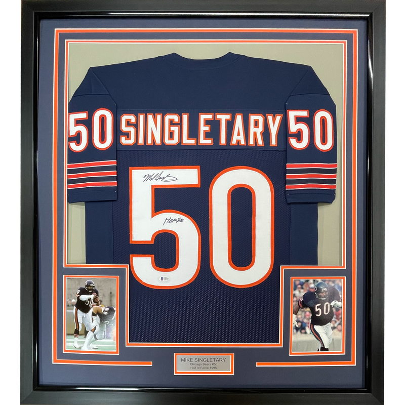 Framed Autographed/Signed Mike Singletary HOF 98 35x39 Chicago Blue Football Jersey JSA COA