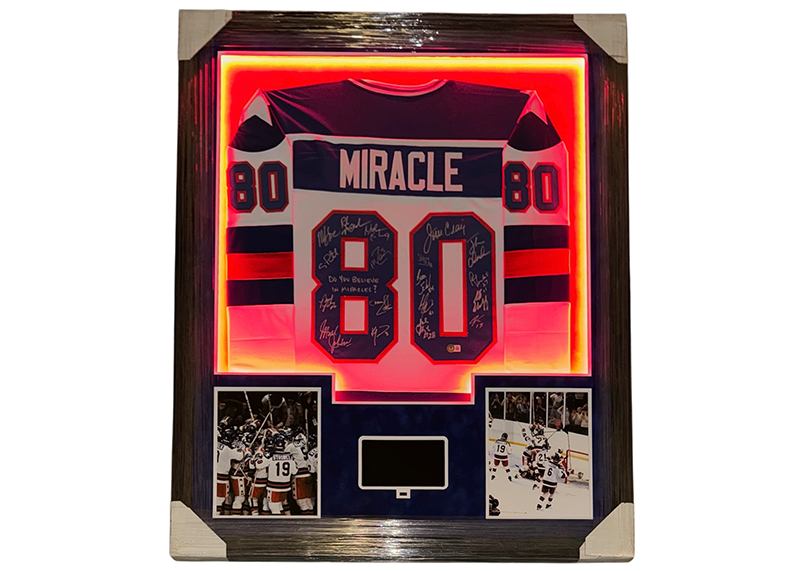 Miracle On Ice 18-Autograph Signed 34x42 Lighted Framed Jersey W Playable Video TV Beckett