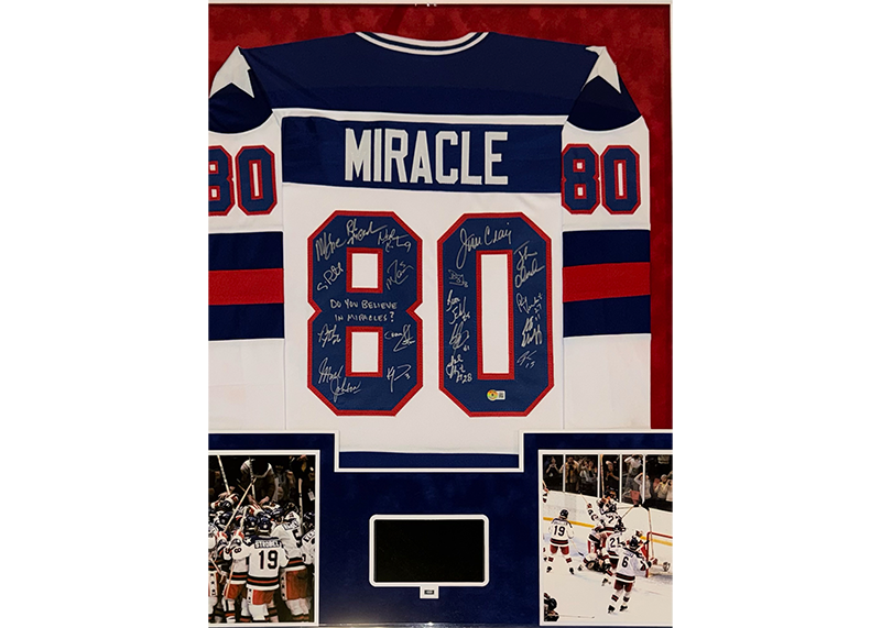 Miracle On Ice 18-Autograph Signed 34x42 Lighted Framed Jersey W Playable Video TV Beckett