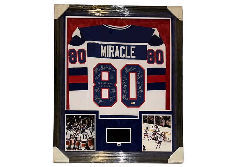 Miracle On Ice 18-Autograph Signed 34x42 Lighted Framed Jersey W Playable Video TV Beckett
