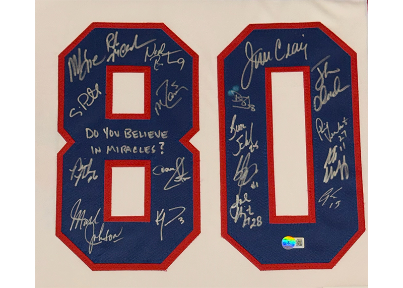 Miracle On Ice 18-Autograph Signed 34x42 Lighted Framed Jersey W Playable Video TV Beckett