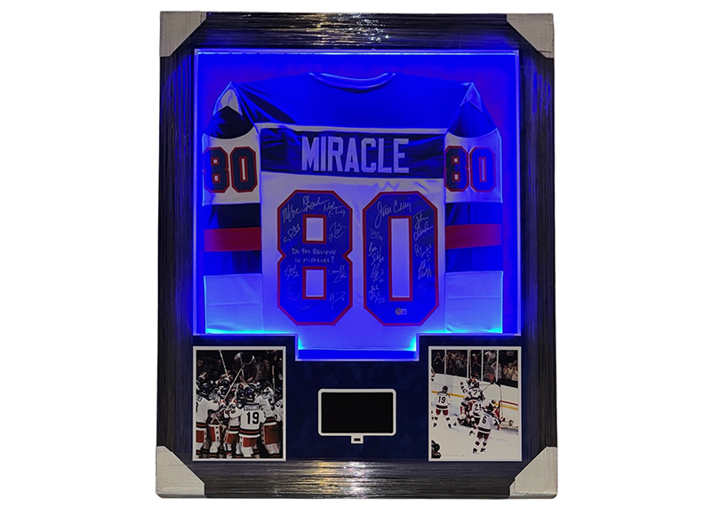 Miracle On Ice 18-Autograph Signed 34x42 Lighted Framed Jersey W Playable Video TV Beckett
