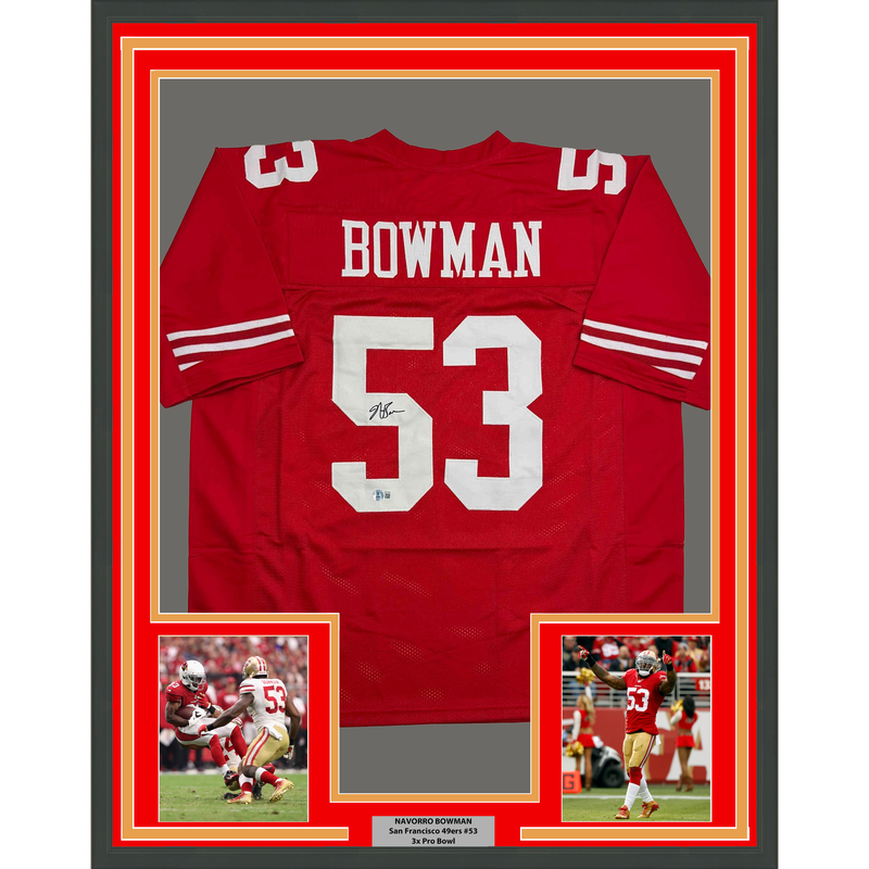 Framed Autographed/Signed NaVorro Bowman 35x39 San Francisco Red Football Jersey Beckett BAS COA