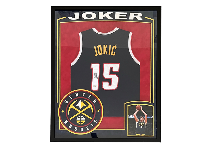 Nikola Jokic Signed 34x42 Framed Blue Denver Basketball Jersey Beckett
