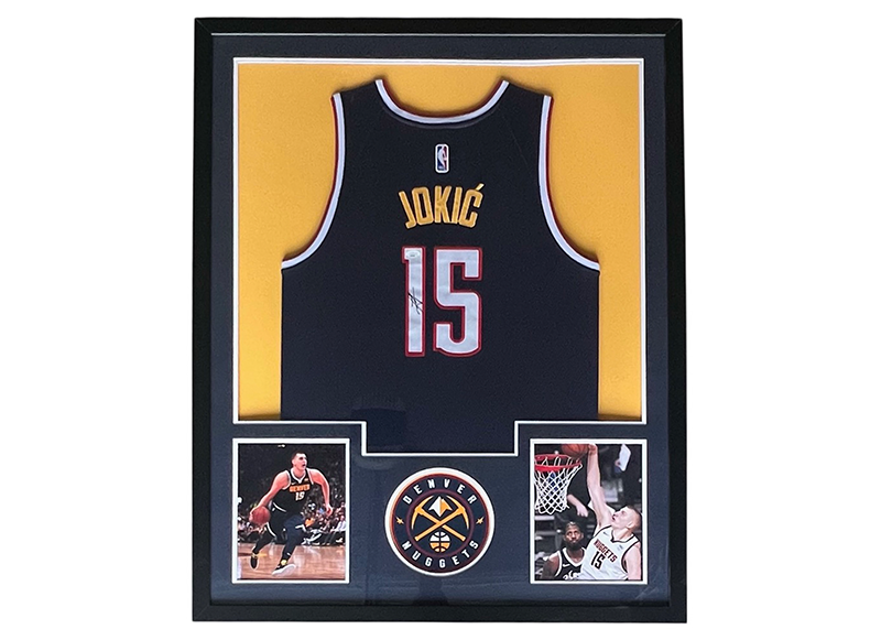 Nikola Jokic Signed 34x42 Framed Blue Denver Basketball Jersey JSA