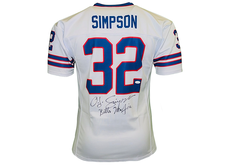 OJ Simpson Autograhed Buffalo White Football Jersey (JSA) Bills Mafia Inscription