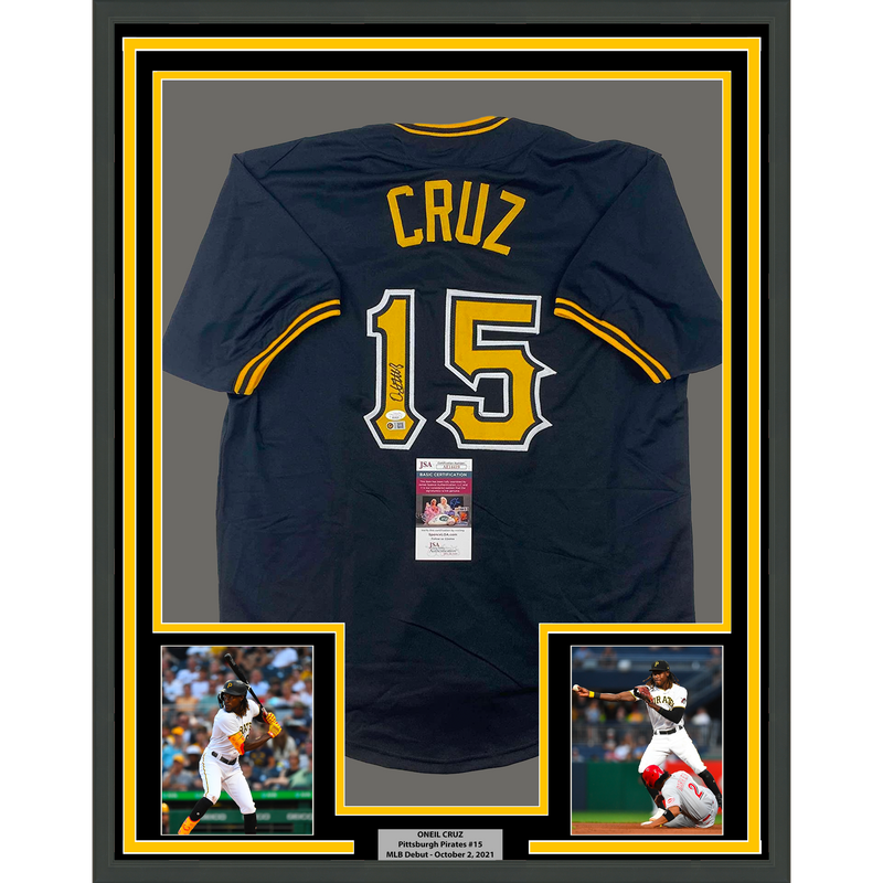 Framed Autographed/Signed Oneil Cruz 35x39 Pittsburgh Black Baseball Jersey JSA COA