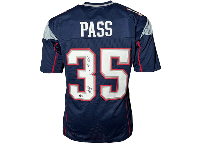 Patrick Pass Signed New England Blue Football jersey Beckett