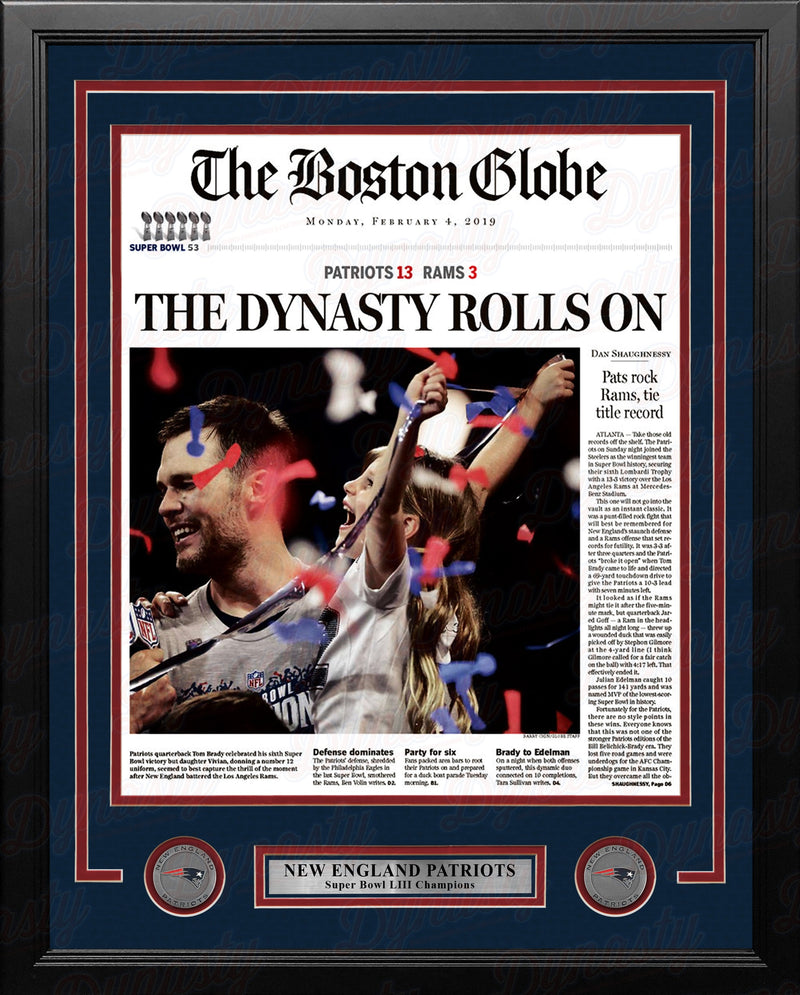 New England Patriots Super Bowl LIII Champions Framed Boston Globe Photo