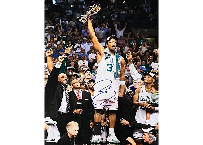 Paul Pierce Signed Boston Celtics Hoisting NBA Champ MVP Trophy Photo Beckett 16x20