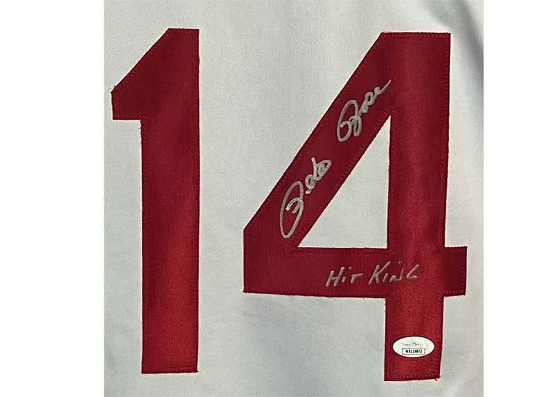 Pete Rose Autographed Cincinnati Custom White Baseball Jersey JSA Hit King Insc