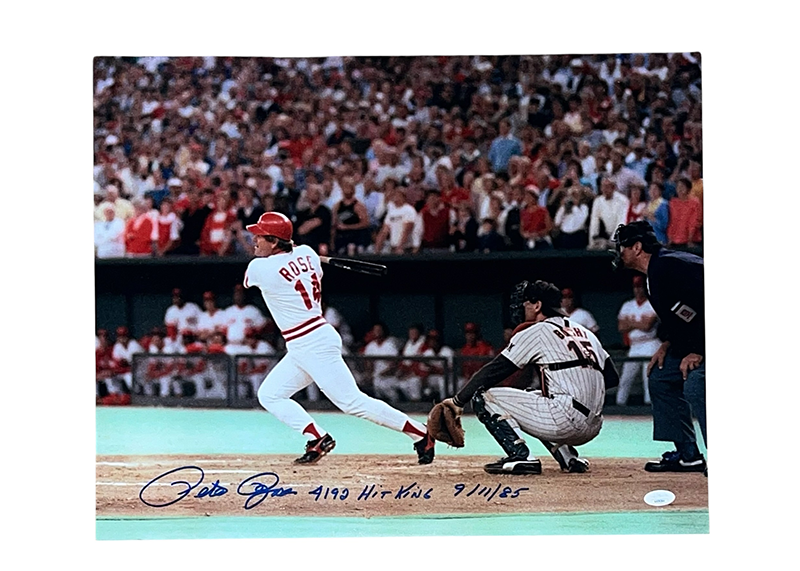 Pete Rose Signed 16x20 Cincinnati Reds Photo JSA 4192 Hit King 9/11/85 Inscription