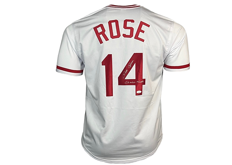 Pete Rose Signed Cincinnati White Baseball Jersey JSA Charlie Hustle Insc