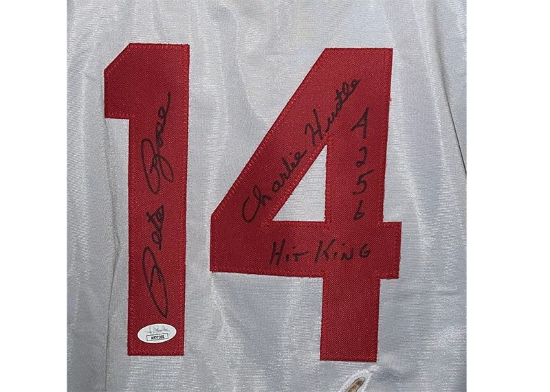 Pete Rose Signed Cincinnati White Baseball Jersey JSA Hit king, Charlie hustle and 4256 inscription￼