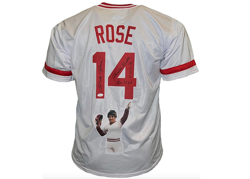 Pete Rose Signed Cincinnati White Baseball Jersey JSA Hit king, Charlie hustle and 4256 inscription￼