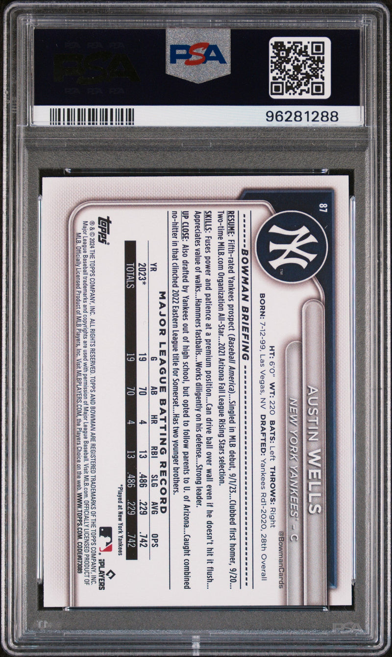 Graded 2024 Topps Bowman Austin Wells #87 Sky Blue /499 Rookie RC Baseball Card PSA 10 Gem Mint