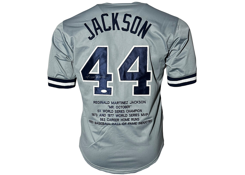 Reggie Jackson Signed New York Gray Stats Baseball Jersey JSA