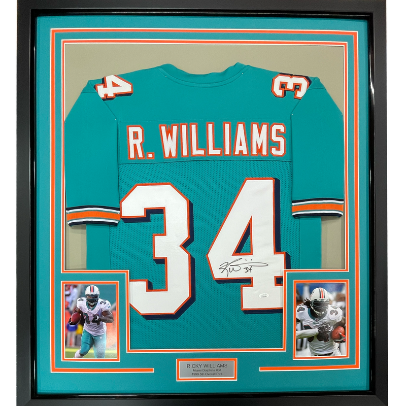 Framed Autographed/Signed Ricky Williams 35x39 Miami Teal Football Jersey JSA COA